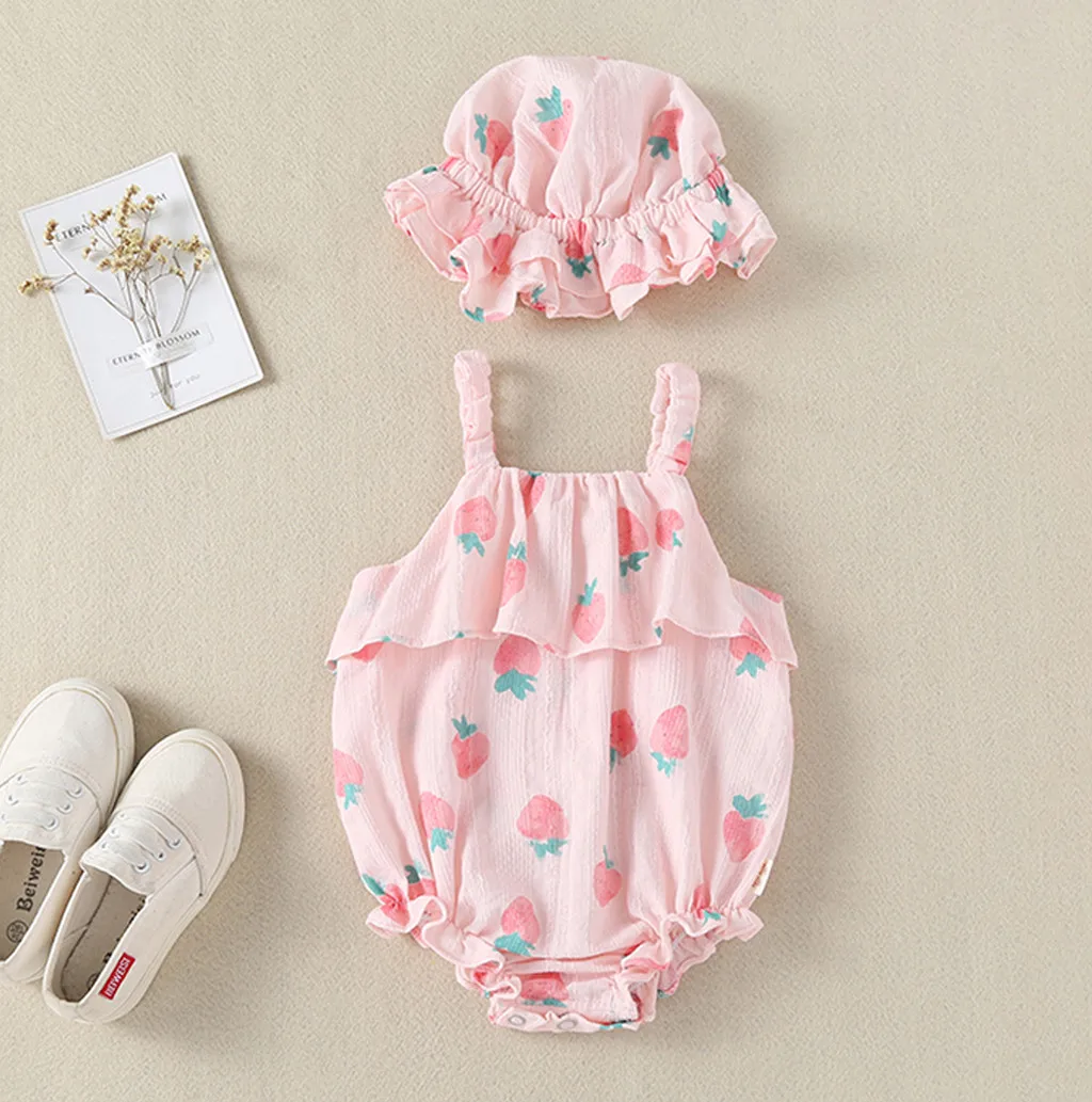 Newborn Infant Baby Girls Straps Strawberry Print Romper Sunsuit Hat Bodysuit Newborn Infant Baby Girls Straps Strawberry Print Romper Sunsuit Hat Bodysuit