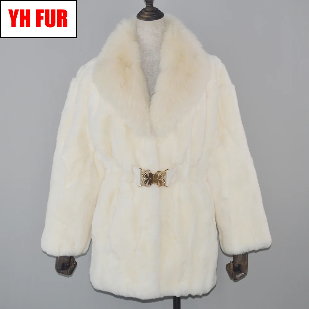 Real Rex Rabbit Fur Coat Long Style Women 100% Genuine Rex Rabbit Fur Jacket With Big Fox Fur Collar Rex Rabbit Fur Overcoat