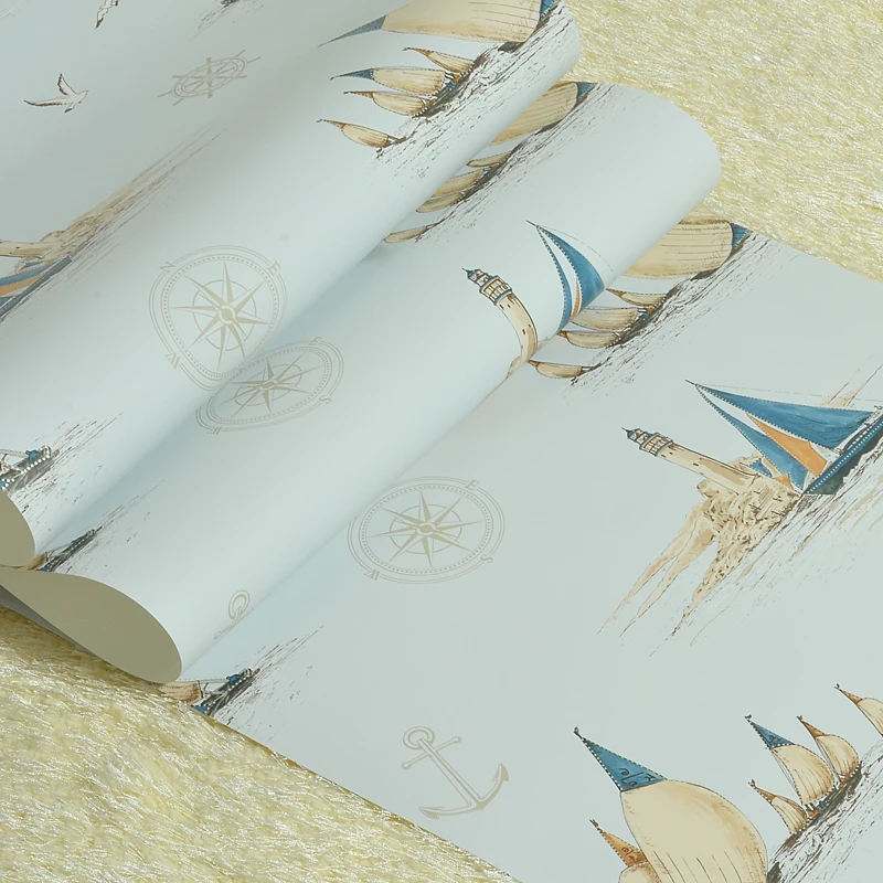 

0.53x10 Meter Light Blue Starfish Sailing Lighthouse Patterns Kids Room Wallpaper Boys Bedroom Living Room Nonwovens Wallpapers