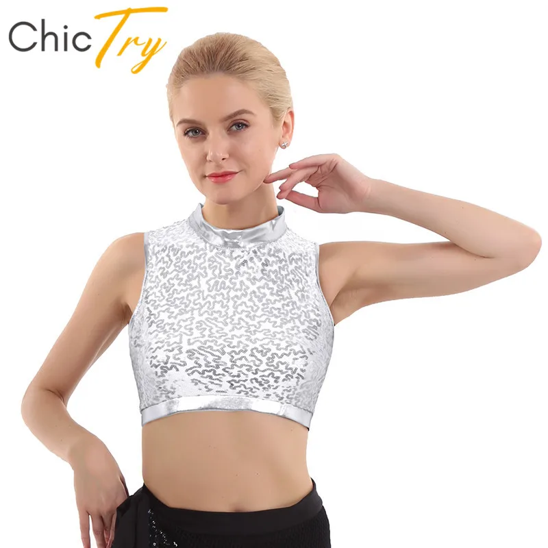 

ChicTry Fashion Dazzling Glitter Sequins Sleeveless Mock Neck Hollow Back Festival Rave Club Party Women Crop Tops Dance Costume
