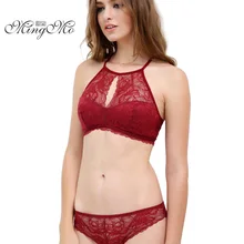 MINGMO, сексуальный кружевной подвесной бюстгальтер на шее, ультра-тонкая секция, без косточек, хлопок, пуш-ап, женское нижнее белье, наборы бюстгальтер+ трусы