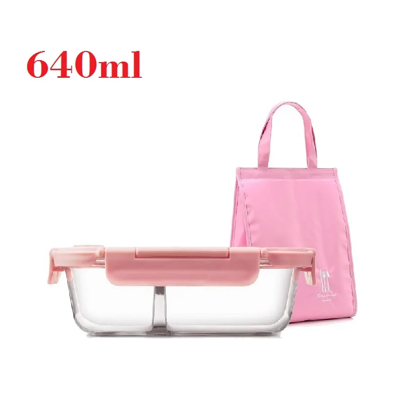 640ml with Small Bag Розовый Ланч-бокс с розовым обеденным мешком Microwavable стеклянный Ланч-бокс для офиса школьные ланчбоксы для девочек - Цвет: 640ml with Small Bag