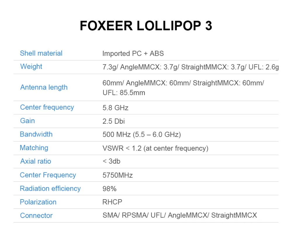 2 шт. 59 мм Foxeer леденец на палочке 3/5,8G антенна RHCP FPV 2.5Dbi SMA/RP-SMA/мини Антенна 7,3g FPV рама для фристайла гонок