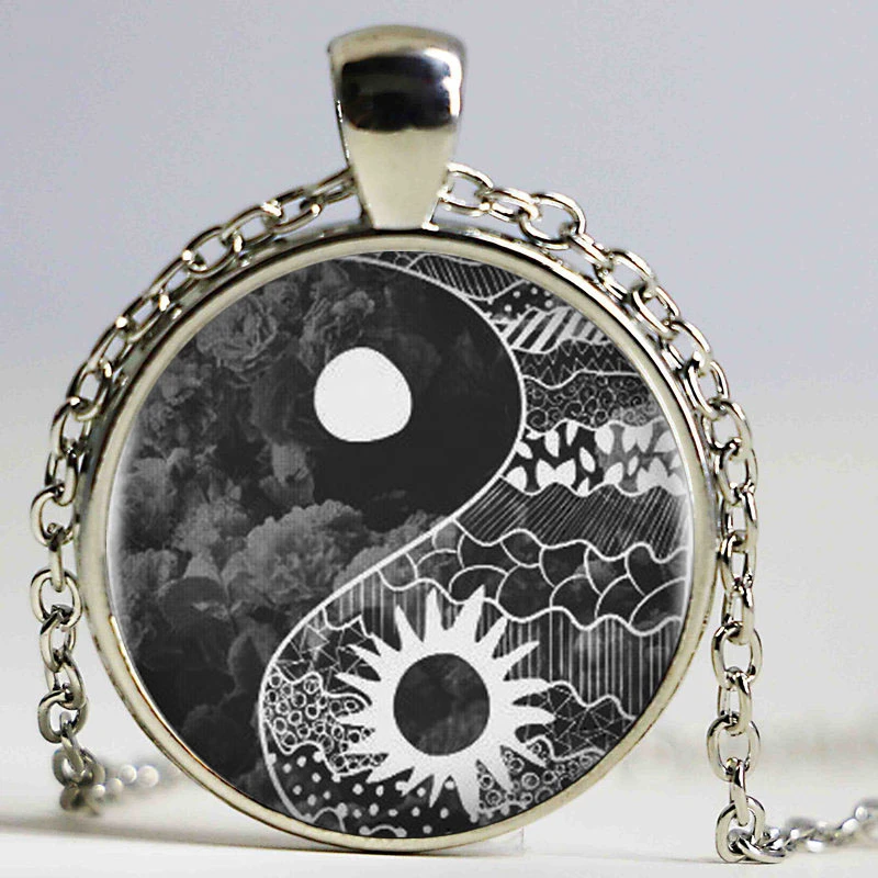 Ying and Yang Moon Sun Cabochon Glass Tibet Silver Chain Pendant Necklace Ying and Yang Moon Sun Cabochon Glass Tibet Silver Chain Pendant Necklace