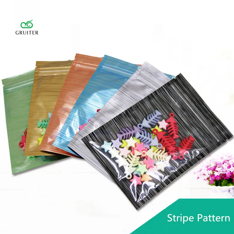 

GRUITER 100 New Glossy Flat Silver Aluminum Mylar Foil Zip Lock Bags With Stripe Pattern Front Back Foil Bags