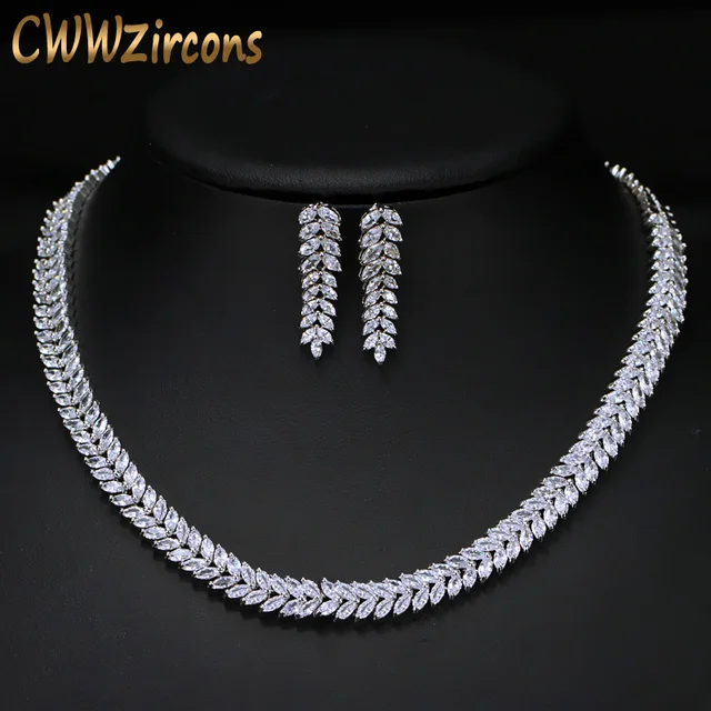 Cwwzircons Exquisite Cubic Zirconia Wedding Party Jewelry Set Leaves Cwwzircons Exquisite Cubic Zirconia Wedding Party Jewelry Set Leaves Shape High Quality Cz Bridal Necklace Earring