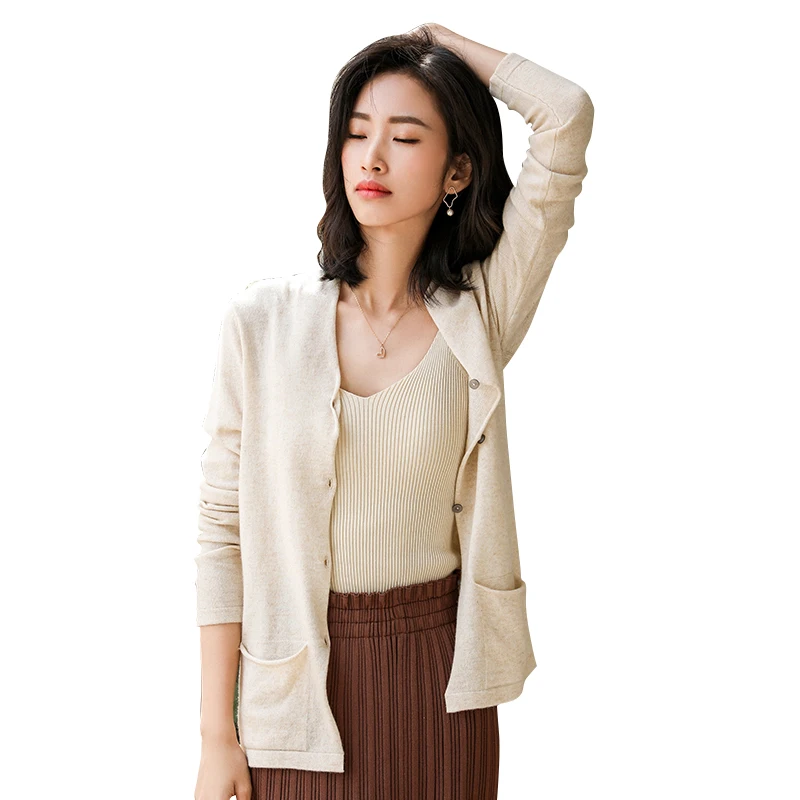 LHZSYY New Cashmere Cardigan Women' V-neck Solid color Sweater Spring And Autumn Short Pocket Wool Knit Jacket Wild Female Shirt LHZSYY New Cashmere Cardigan Women' V-neck Solid color Sweater Spring And Autumn Short Pocket Wool Knit Jacket Wild Female Shirt