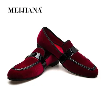 

MEIJIANA Red Velvet Loafers Handmade Patent Leather Patchwork Casual Shoes Men Slippers Fashion Slip On Summer Shoes Men's Flats