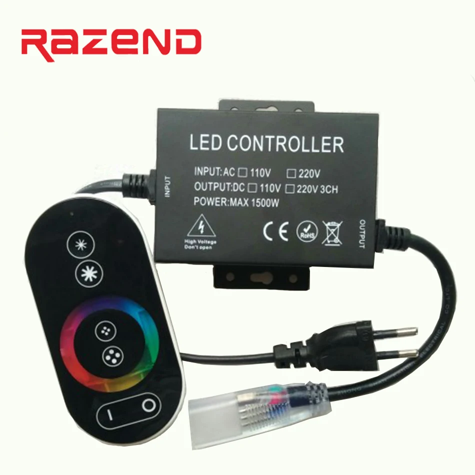 Tanie 220V 110V kontroler rgb W pełni dotykowy led ściemniacz 1500W ue wtyczka US wtyczka 8MM PCB 10 MM 12mm złącze PCB darmowa wysyłka