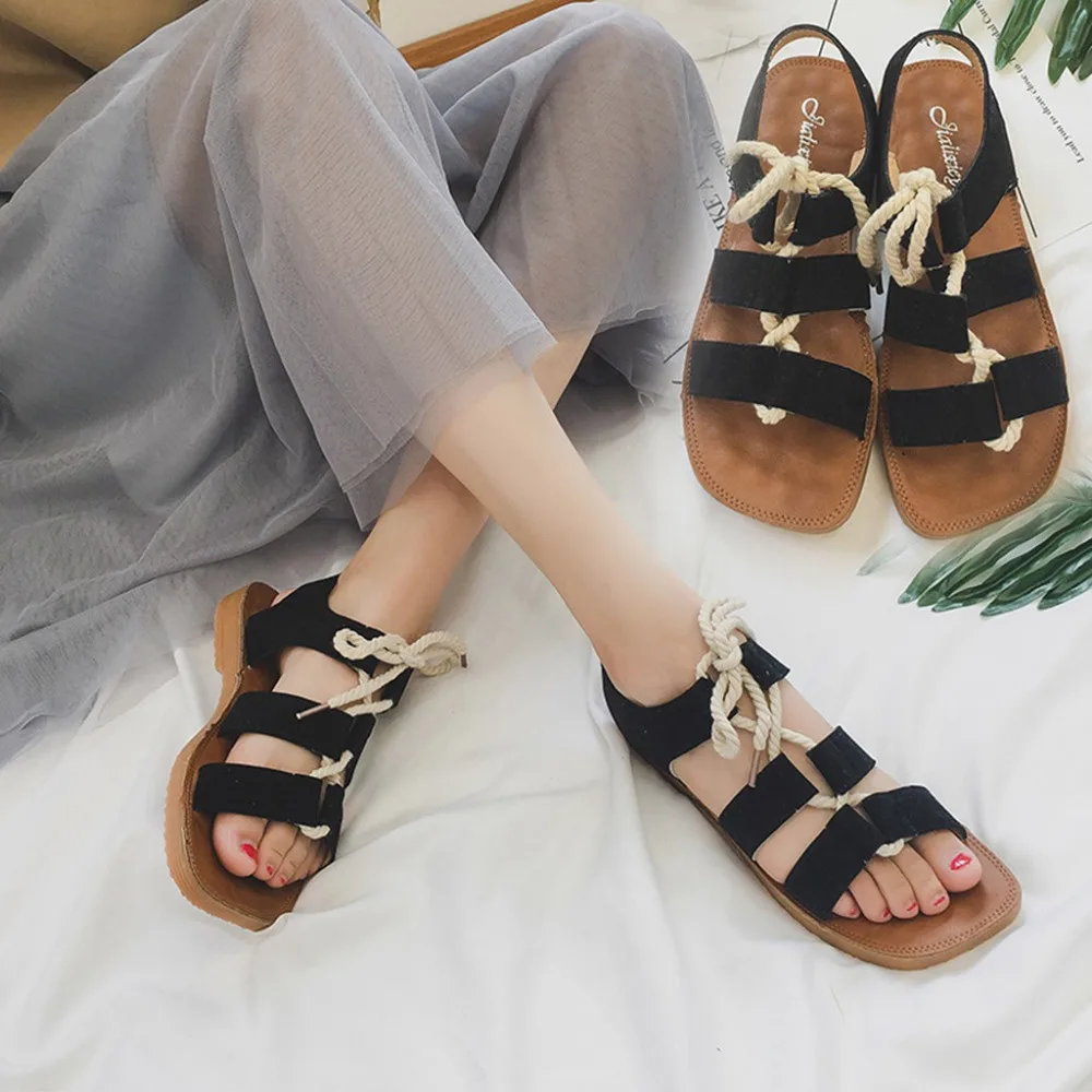 

Simple and versatile ladies tendon bottom comfortable lace soft bottom student shoes flat beach sandals 2019 spring and summer