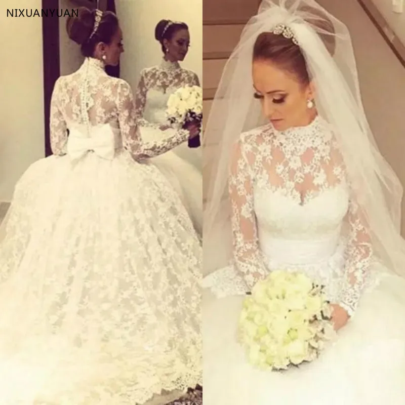 Vintage High Neck Full Lace Wedding Dresses 2020 Princess Sheer