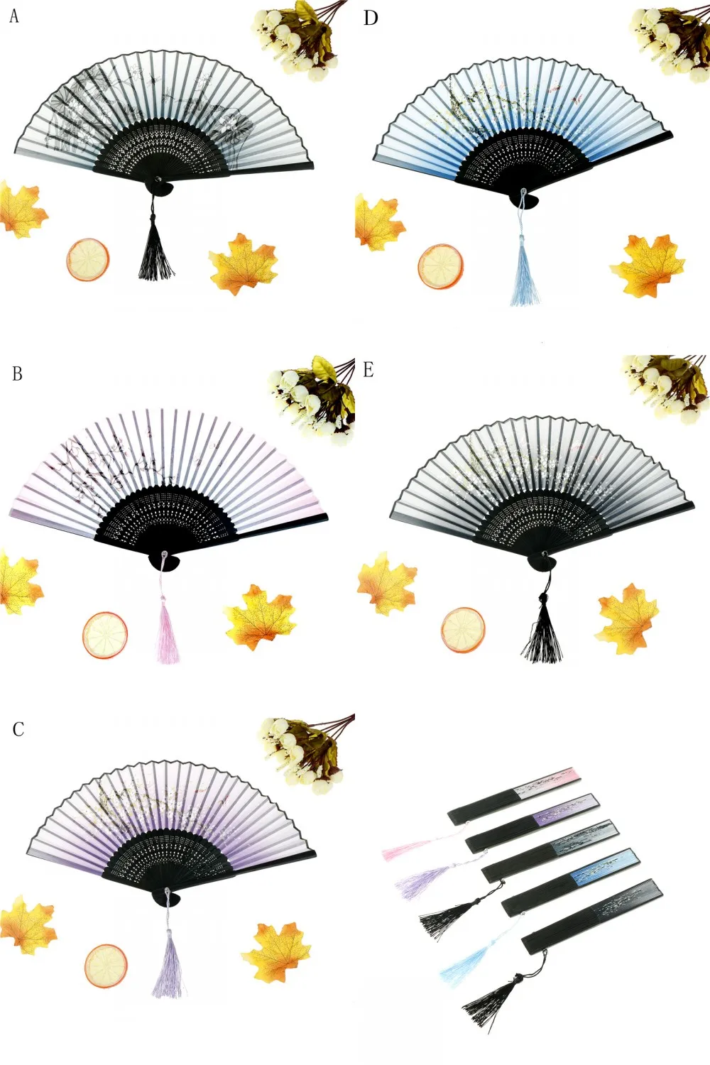cheap 5 Style Folding Hollow Carved Hand Fan Vintage Chinese Spun Silk Flower Printing Hand Held Fan Party Supplies