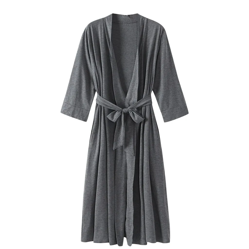 MUQGEW, Женский Осенний теплый халат, хлопковый, женский, 4/3 рукав, v-образный вырез, легкий, с поясом, длинный халат, халат, одежда для сна# g3