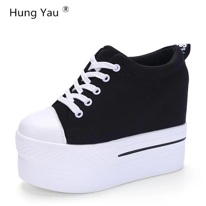 Cena Kliny brezentowe buty kobieta platforma buty wulkanizowane ukryty obcas wysokość zwiększenie obuwie damskie chaussure femme rozmiar US 8