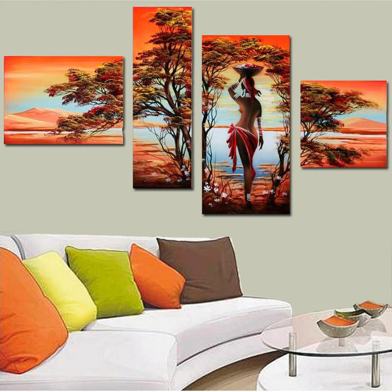 

Beautiful Sexy Nude Women Oil Painting Abstract African Women Nude Figure Painting Art Landscape Paint Wall Art 4 Panel Unframed