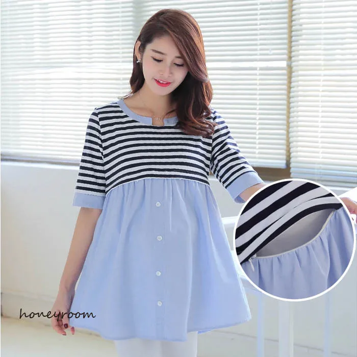 Striped cotton feeding nursing clothing top t-shirt for pregnant spring summer half sleeve cute Maternity tees 2016 hot fashion