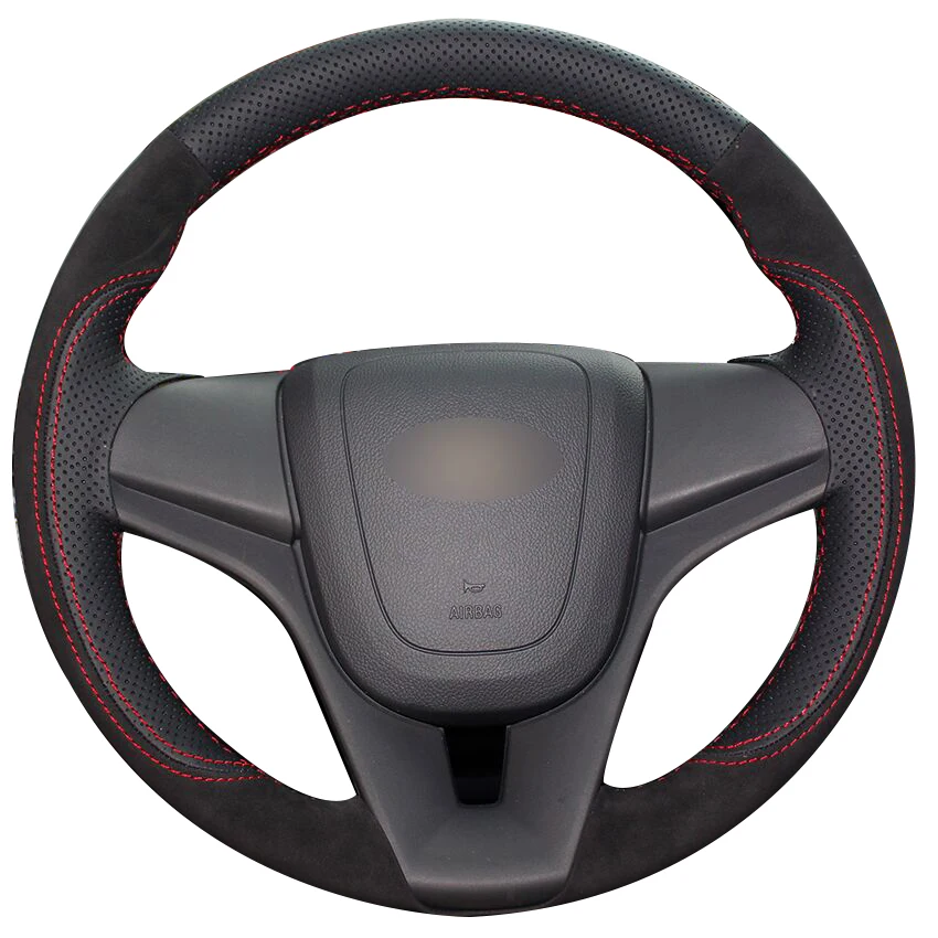 Black Natural Leather Black Suede Car Steering Wheel Cover for