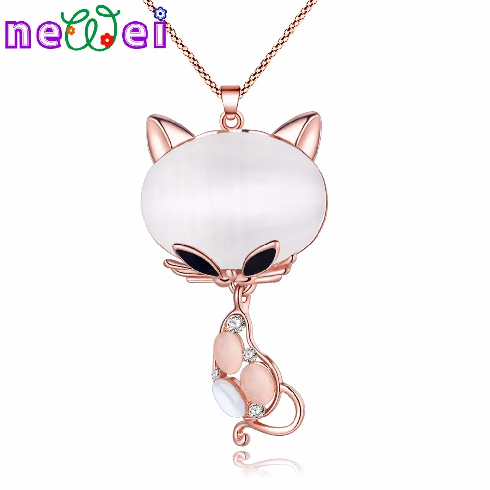 NEWEI Statement Rhinestone Opal Kitten Cat Necklace Pendant Long Alloy