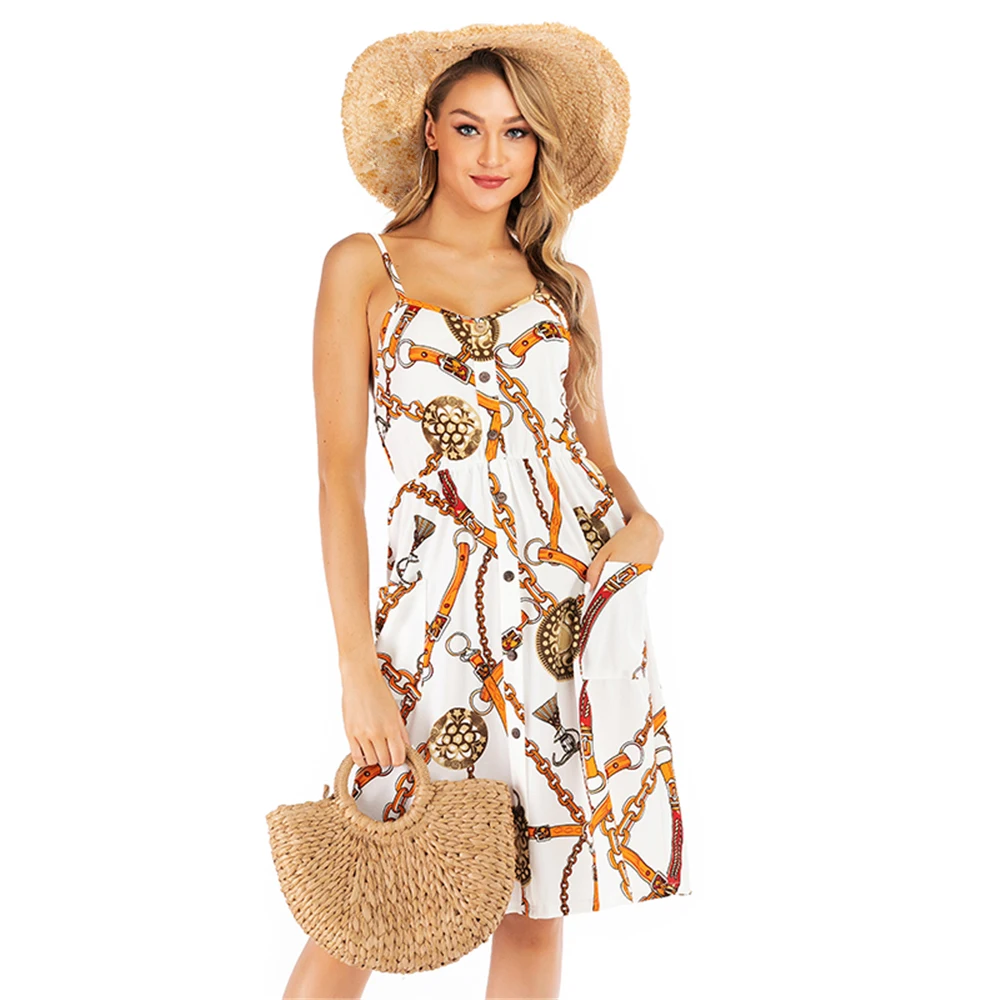 Louyebouho Women Sexy Spaghetti Strap Backless Print Dress Elegant Party Robe Ladies Summer Vestidos Pockets Dresses Beachwear