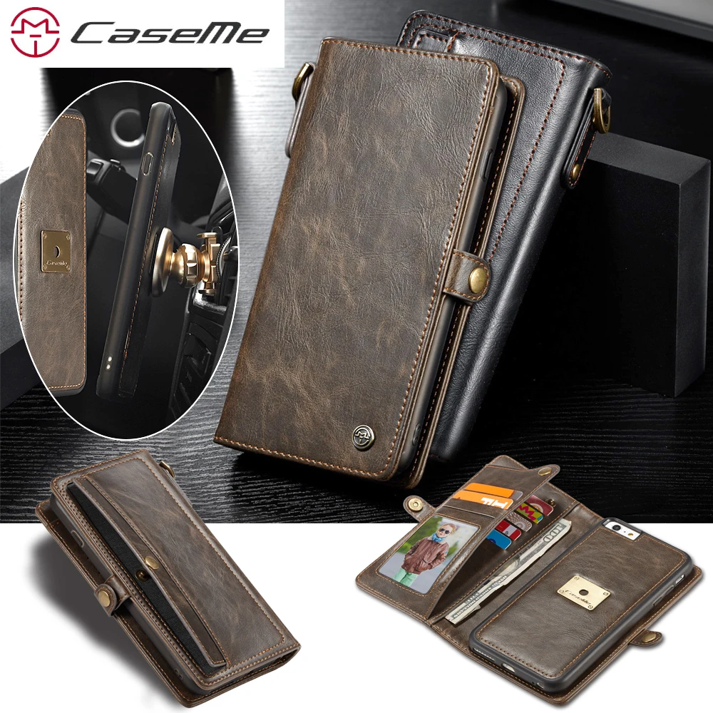 

CaseMe Brand 2 in 1 Leather Wallet Case For iPhone 6 6s 7 8 Plus Vintage Flip Cover for Samsung Galaxy S8 Plus Phone Cases Coque