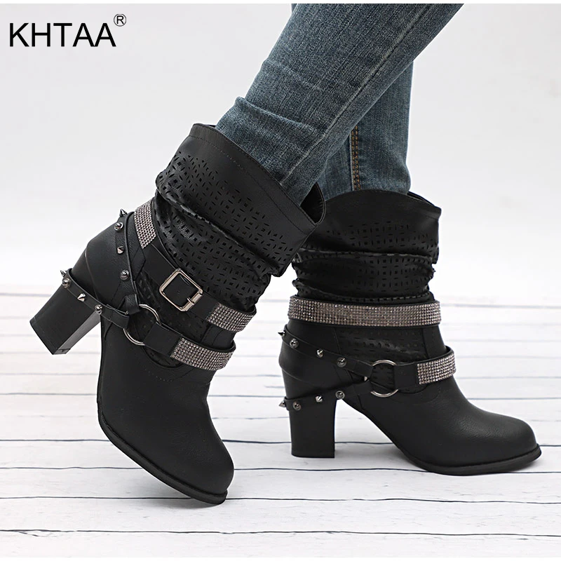 Goedkoop KHTAA Vrouwen Klinknagel Kristal Gesp Cut Out Enkellaarsjes Vrouwelijke Platform Chunky Hoge Hakken Dames Mode Schoenen Plus Size