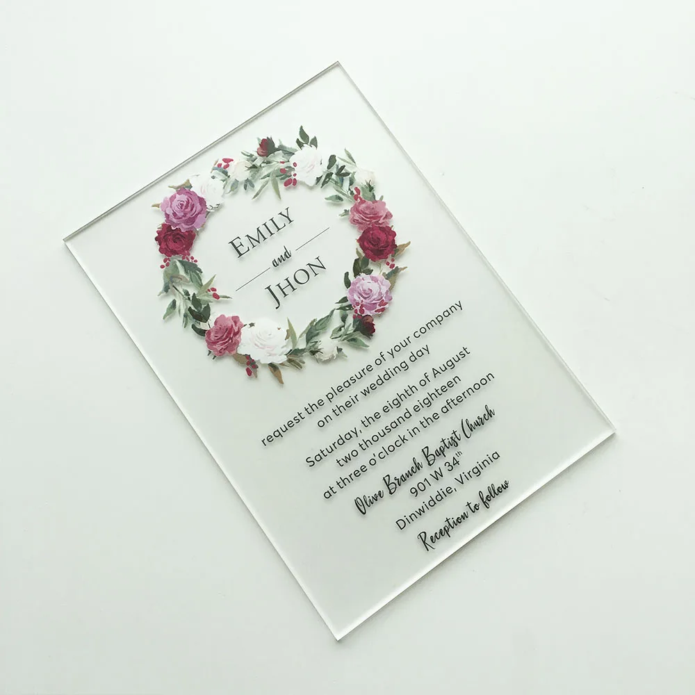  50sets Per Lot Customized Rustic Floral Watercolor Style 5x7inch Frosted Acrylic Wedding Invitation - 32864956784