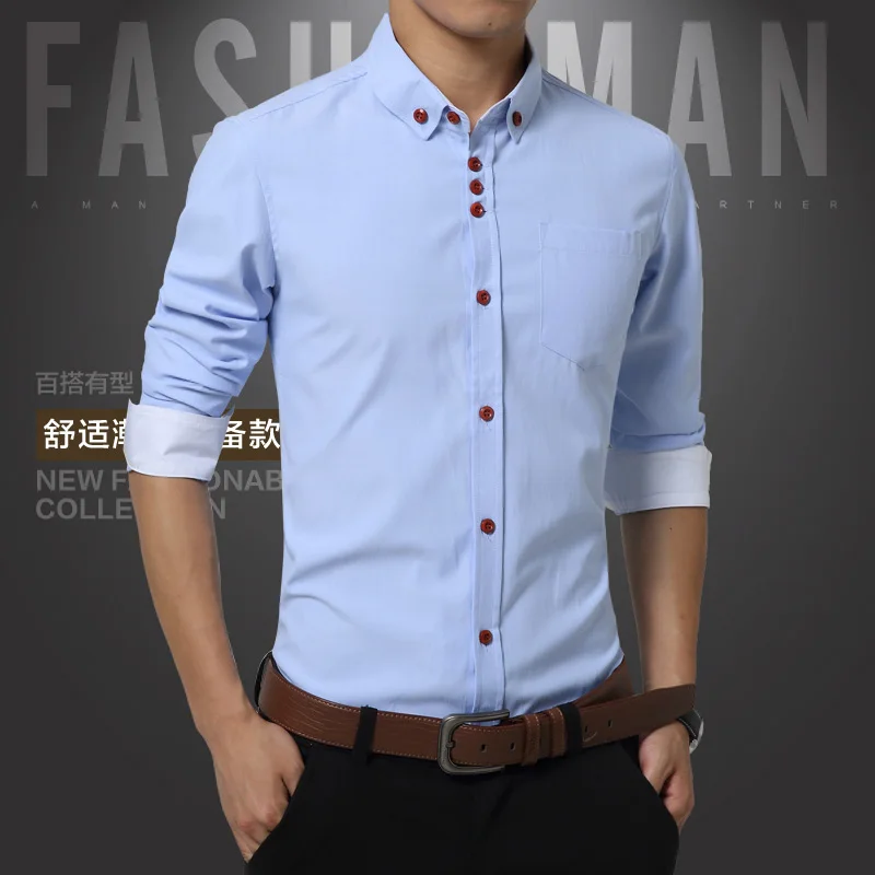 Для мужчин рубашка с длинным рукавом воротник-стойка Slim Fit Новая мода Повседневная рубашка Для мужчин хлопок Мужская одежда одноцветное Рубашки для мальчиков Для мужчин одежда - Цвет: Синий