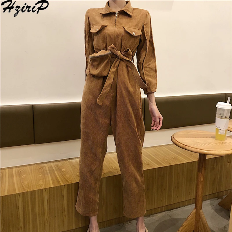 

HziriP 2019 Spring Vintage Straight Hong Kong Style Women Empire Casual Slim Loose Simple Elegant Sashes Fresh Free Jumpsuit