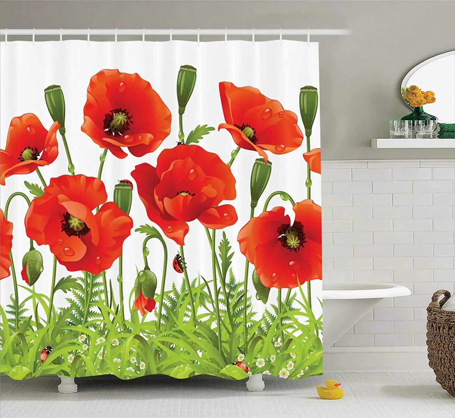 Red Floral Shower Curtain,Poppies of Spring Season Pastoral Flowers