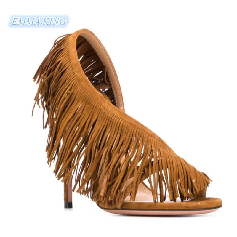 

Solid Fringe Designer Women High Heels Sandals Summer New Open Toe Slip-On Style Gladiator Shoes Woman Stilettos Fashion Sandals
