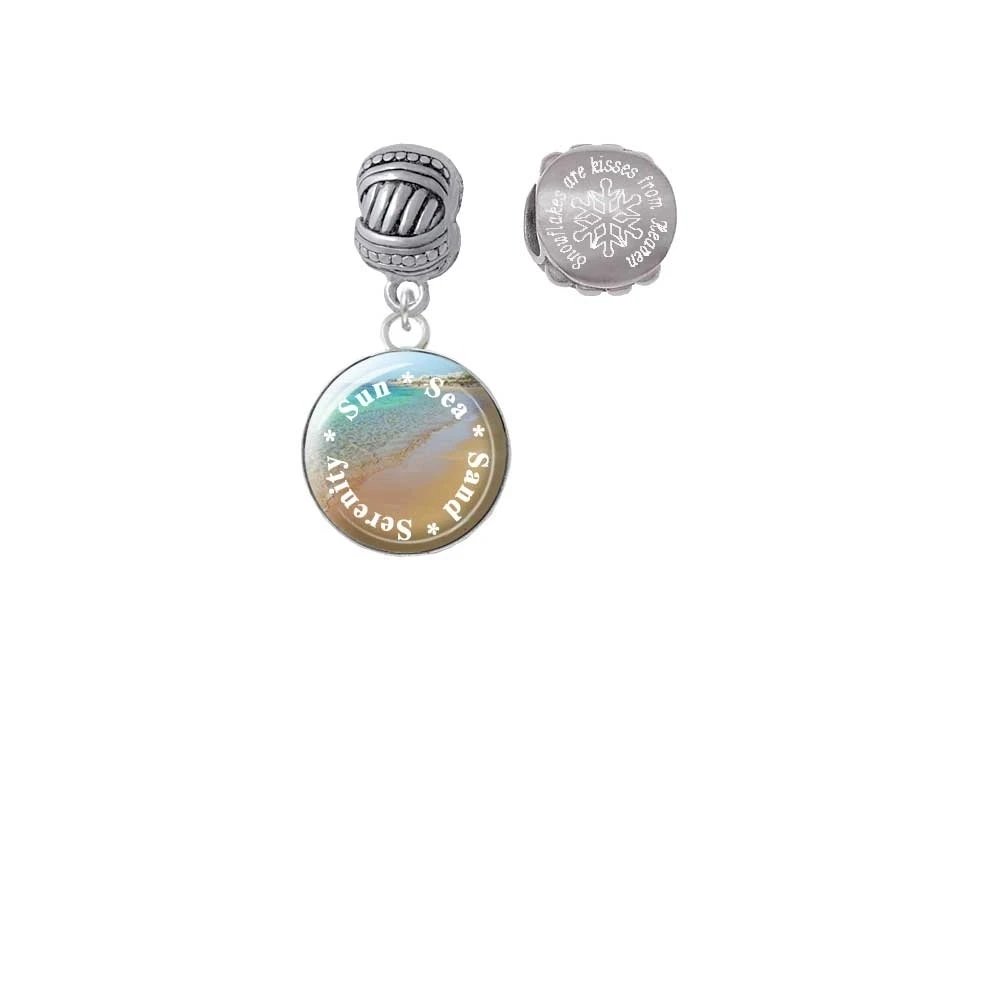 Silvertone Domed Sun Sea Sand Serenity Snowflakes are Kisses from Heaven Charm Beads (Set of 2)