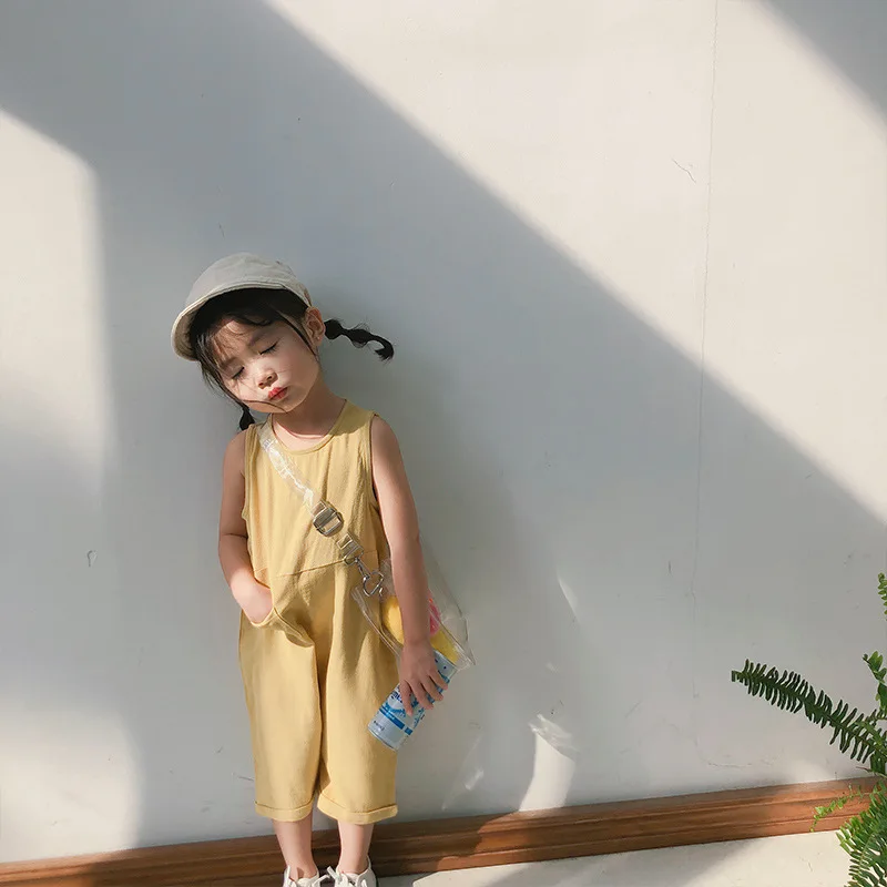 Новые летние детские комбинезоны унисекс однотонные хлопковые льняные комбинезоны в Корейском стиле штаны для маленьких мальчиков и девочек детская одежда