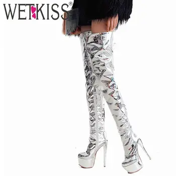 

WETKISS Mirror Pu Over The Knee Women Boots Super High Heels Platform Boot Round Toe Female Shoes 2019 New Winter Warm Footwear