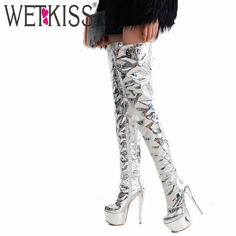 Женские зеркальные сапоги WETKISS зимние теплые из искусственной кожи на очень