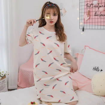 

Summer Women Nightdress Short Sleeve Pure Cotton Loose Female Pajama Thin Cartoon Feather Print Round Neck Mid-Calf Nightgowns