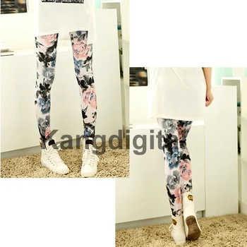 

New Arrive Fashion Womens Retro Flowers Floral Print Ink Painting Stretch Leggings Pants Hot