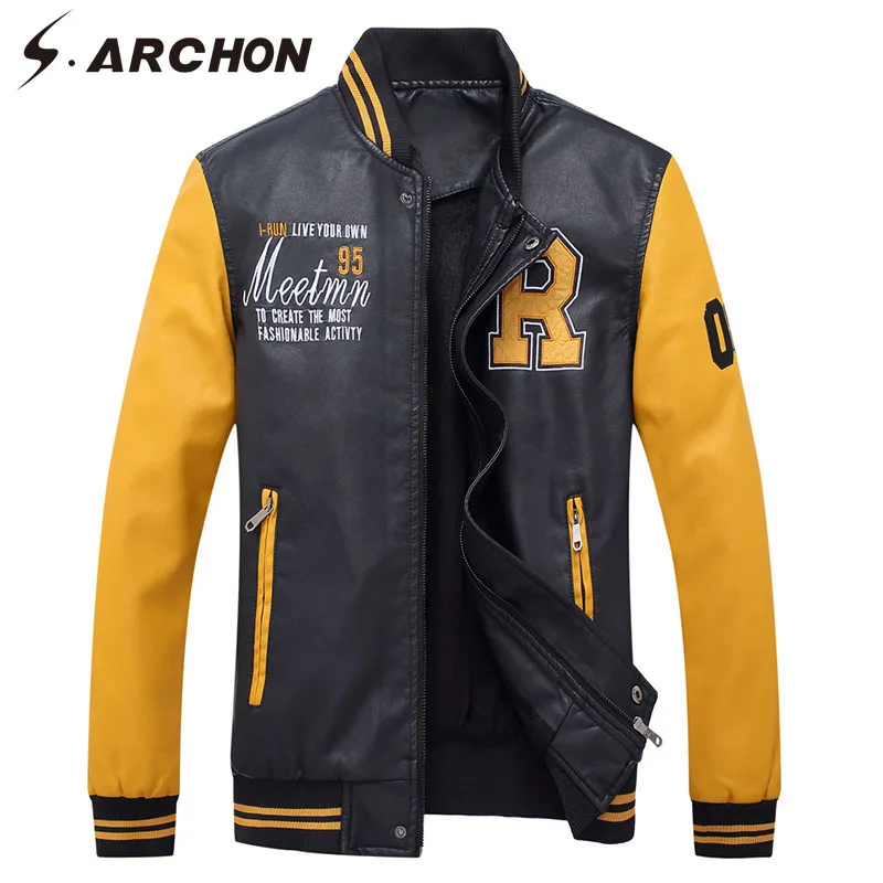 

S.ARCHON Leather Jackets Men Spring Autumn Fashion Casual PU Leather Sports Outwear Students College Faux Leather Jacket Coat