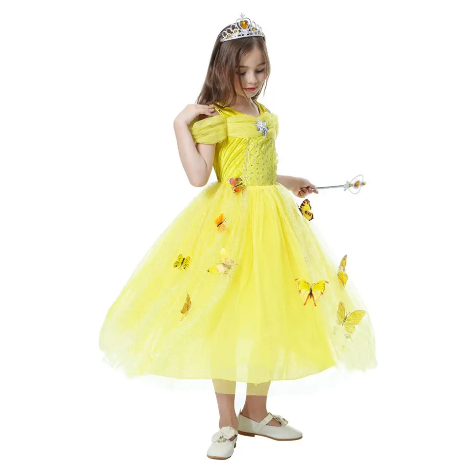 MUABABY Костюм Золушки для девочек; 4 цвета; Детские карнавальные платья Белль на Хэллоуин, день рождения, маскарадный костюм с 10 бабочками
