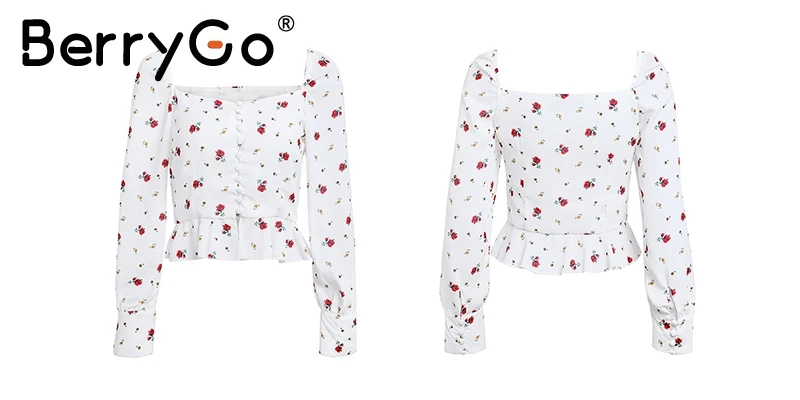 BerryGo, винтажная шифоновая блузка с принтом, рубашка,, квадратная горловина, оборки, белые короткие топы, женские с пышными рукавами, летние топы с баской, блузы