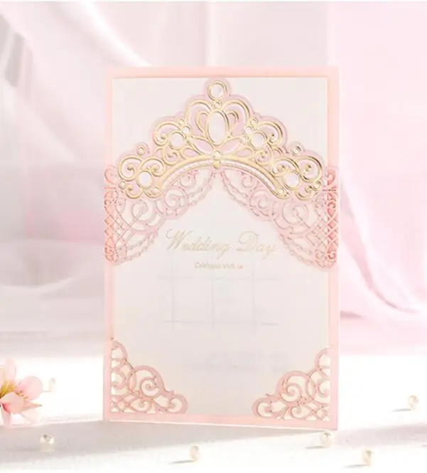 Pink Laser Cut Bronzing Crown Wedding Party Invitation Cards Customized Marriage Engagement Invitations 100PCS Express Shipping | Дом и сад
