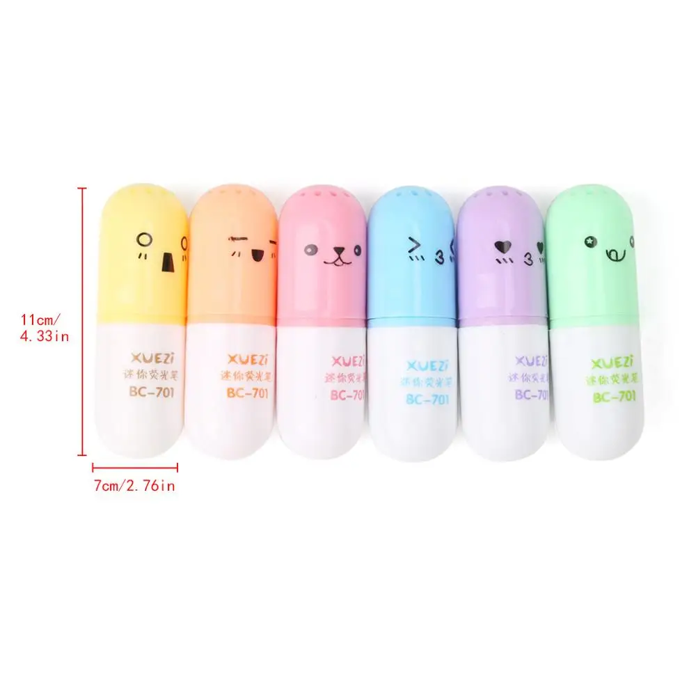 6PCS/Set 6 Colors Mini Pill Shaped Highlighter Pens for Cute Smiling Face Graffiti Highlighter Korean Stationery - Цвет: AS SHOW