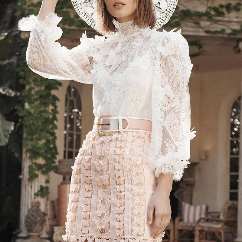 

2019 Autumn new arrive white black solid color lace blouse full sleeve sweet blouse&shirts