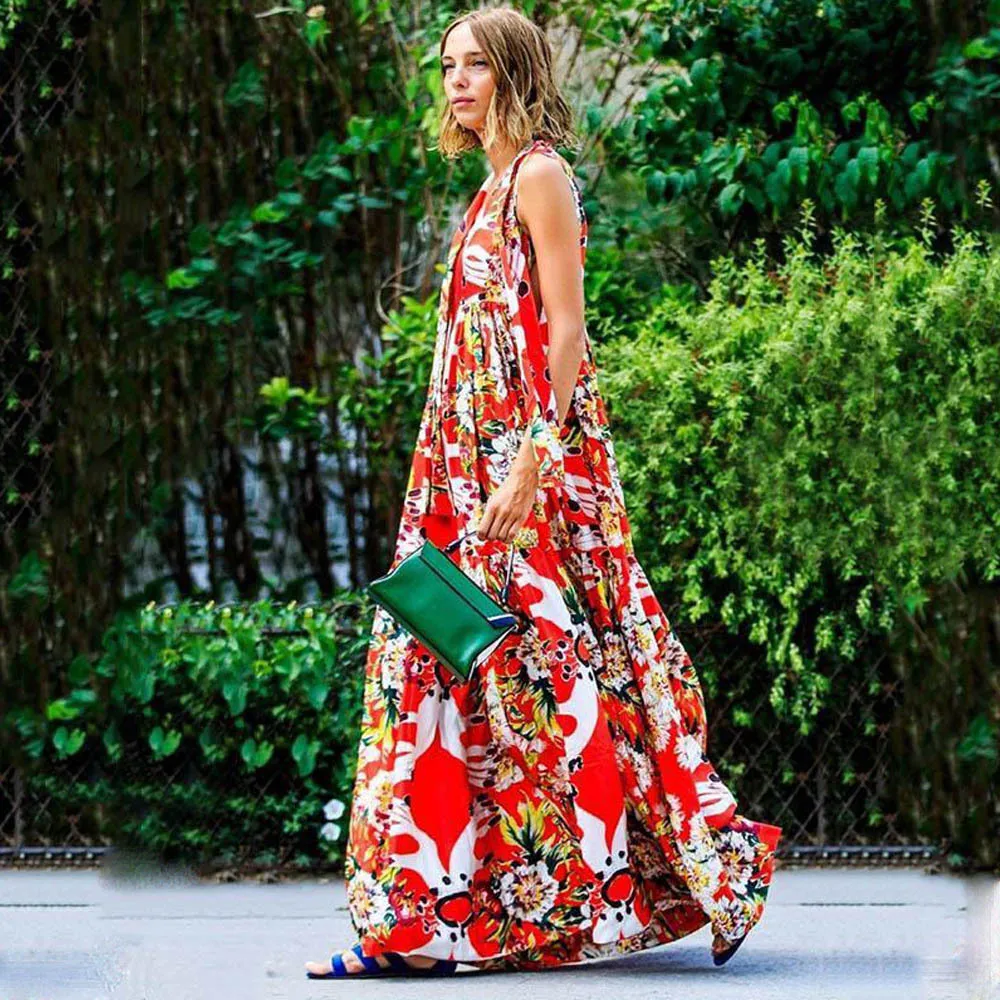 

Sleeveless Printed Bohemian Maxi Dresses for Women Empire Long Summer Beach Dresses Loose V Neck Vestidos