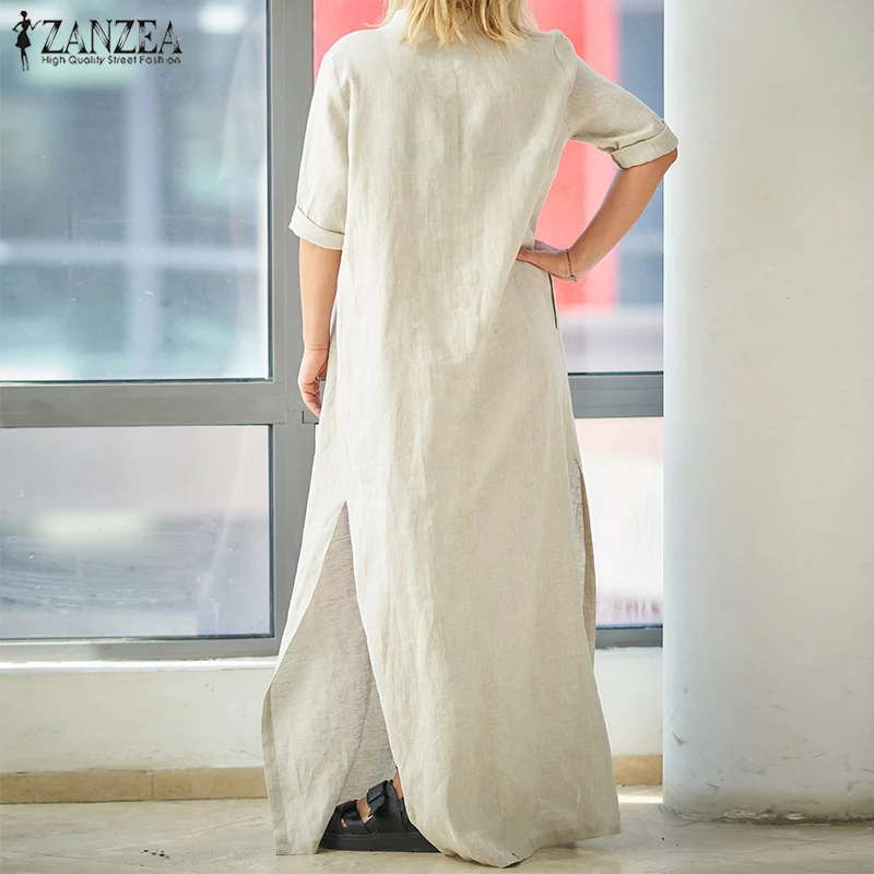ZANZEA летнее винтажное женское платье с v-образным вырезом и рукавом 1/2, повседневное свободное хлопковое льняное платье Vestido, однотонные вечерние Сарафаны с разрезом на подоле