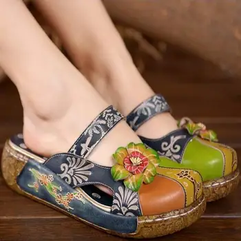 

Nice Summer Women Wedges Sandals Closed Toe Flower Ethnic Style Handmade Genuine Leather Personalized Women Slippers Shoes