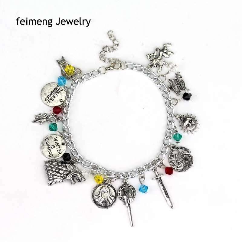 

Free Shipping Game Of Thrones Charm Bracelet Targaryen Dragon Badge Winter Is Coming Wolf Head Cool Gift For Woman Movie Jewelry