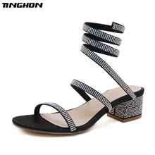 TINGHON Fashion Summer Style Thick Heel Gladiator Sandals Women Flat Sandals Snake Punk Rhinestone High Heels Dress Shoes sexy flat rhinestone sandals snake style design flip women s sandals crystal decoration lady cute party silver shoes for dress