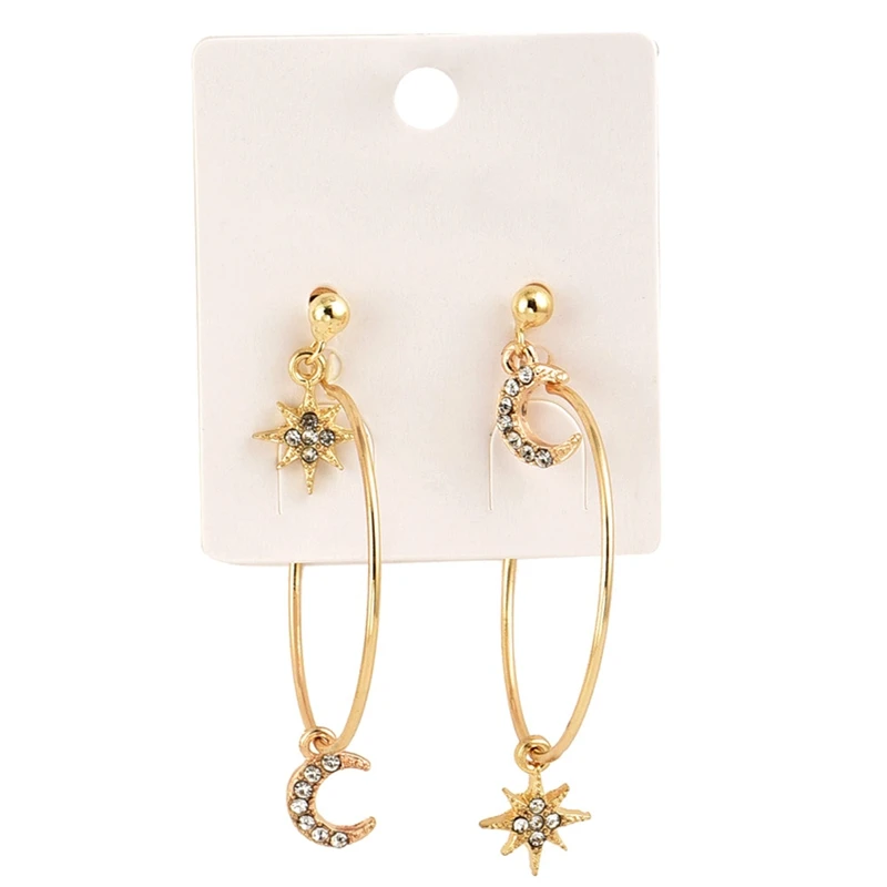 Ladies Crystal Earrings Stars The Moon Ear Ring Combination Suit Popular Joker Accessories Wholesale Round Earrings