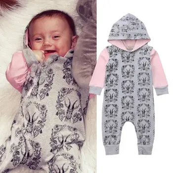 

2018 Autumn Winter Newborn Baby Boys Girls Cartoon Bunny Print Hooded Long Sleeve Romper Jumpsuit Cotton Patchwork Clothes