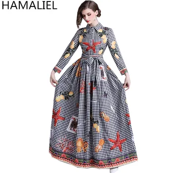 

HAMALIEL 2018 Runway Designer Maxi Ball Gown Women Dress Autumn Black Plaid Print Fruits Starfish Poker Lapel Collar Long Dress